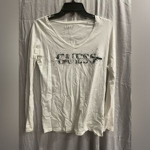 Women’s white guess long sleeve tee with gems and glitter